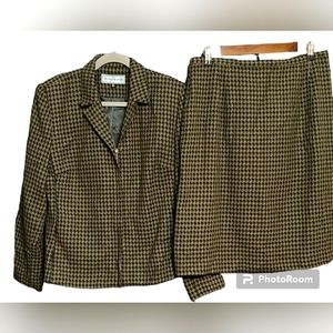 Travis Ayers 100% Silk Skirt Suit Khaki Green Black Houndstooth Size 12
